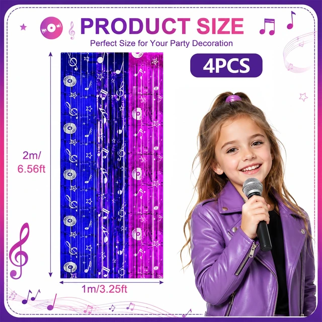 Alt view image 4 of 6 - Blue Purple Pink Foil Fringe Curtains Streamers Party Backdrop, 4 Pack 3.28 x 6.57 Ft Music Notes Tinsel Metallic Backdrop Banner Photo Booth Props for Kpop Disco Party Decor Supplies