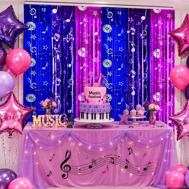Alt view image 5 of 6 - Blue Purple Pink Foil Fringe Curtains Streamers Party Backdrop, 4 Pack 3.28 x 6.57 Ft Music Notes Tinsel Metallic Backdrop Banner Photo Booth Props for Kpop Disco Party Decor Supplies
