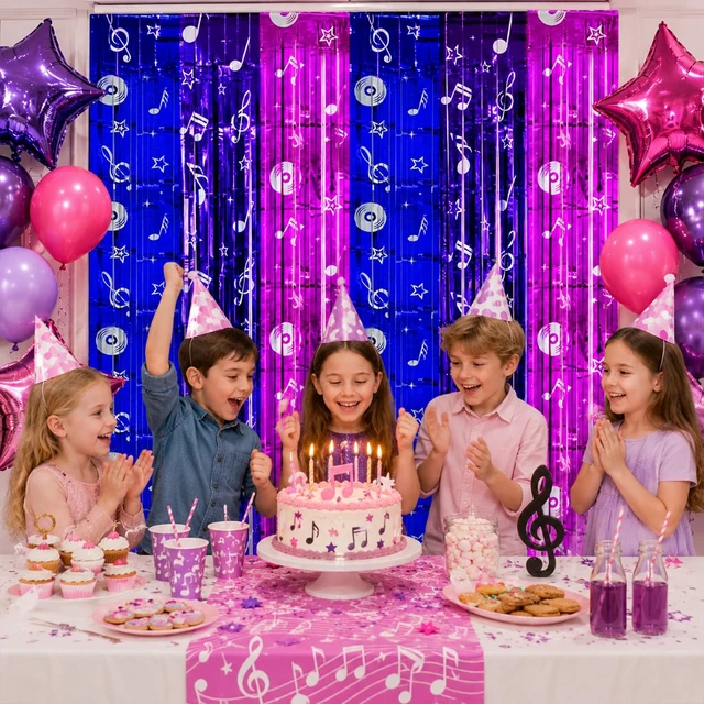 Alt view image 6 of 6 - Blue Purple Pink Foil Fringe Curtains Streamers Party Backdrop, 4 Pack 3.28 x 6.57 Ft Music Notes Tinsel Metallic Backdrop Banner Photo Booth Props for Kpop Disco Party Decor Supplies