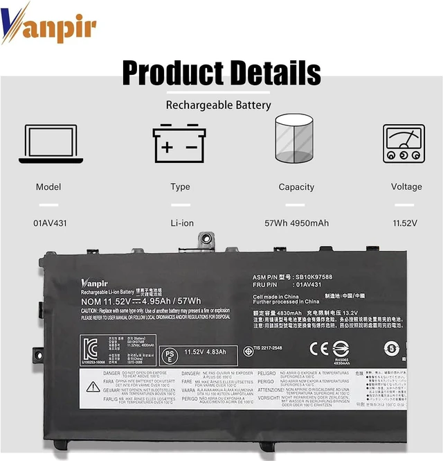 Alt view image 2 of 6 - 01AV431 Laptop Battery 11.52V 57Wh 4950mAh Replacement for Lenovo ThinkPad X1 Carbon 5th Gen/X1 Carbon 6th Gen Series Notebook 01AV430 SB10K97587 SB10K97588 01AV494 01AV429 SB10K97586