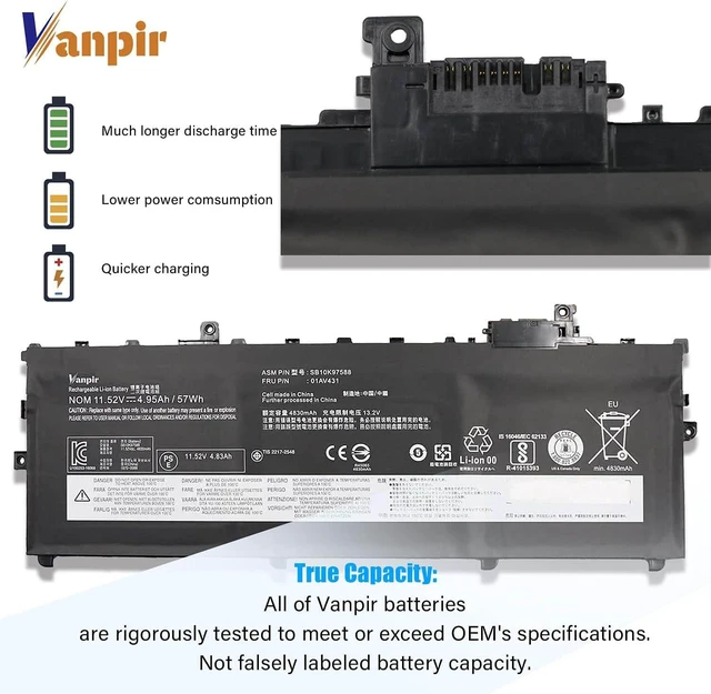 Alt view image 3 of 6 - 01AV431 Laptop Battery 11.52V 57Wh 4950mAh Replacement for Lenovo ThinkPad X1 Carbon 5th Gen/X1 Carbon 6th Gen Series Notebook 01AV430 SB10K97587 SB10K97588 01AV494 01AV429 SB10K97586