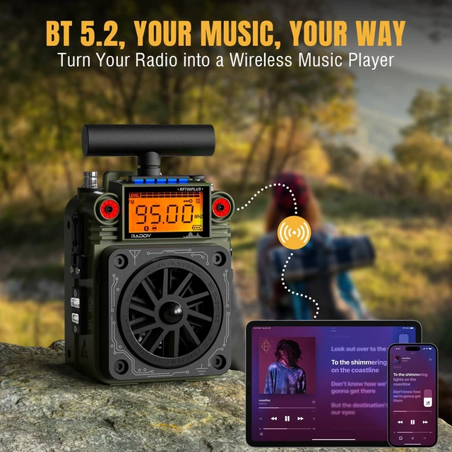 Alt view image 4 of 7 - RF750 Plus App Control Shortwave Radio, NOAA Alert, Green 297 preset stations, replaceable battery, T-type antenna, SOS alarm for camping