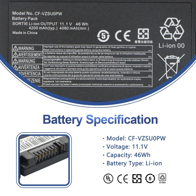 Alt view image 2 of 7 - CF-VZSU0PW CF-VZSU0PR Laptop Battery for Panasonic TOUGHBOOK CF54 CF-54 Mk1 54 Gloved Multi Touch, 54 Prime CF-VZSUOPW CF-VZSU0GW CF-VZSU0KR 46Wh 4200mAh
