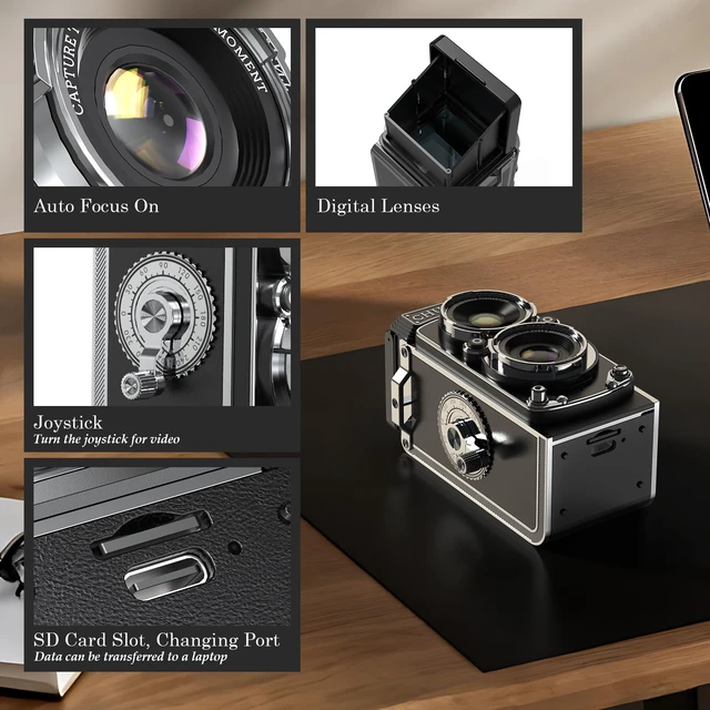 Alt view image 5 of 7 - CHUZHAO Digital Camera Retro Portable Mini Vintage Camera Digital TLR Vintage Old Style Camera with 12MP Photos 1080P FHD Video Auto Focus - Black
