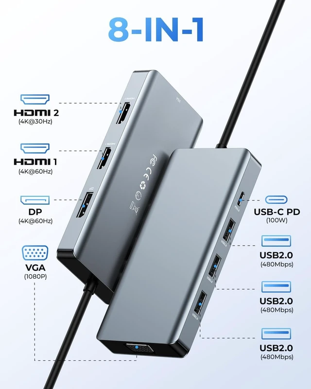 Alt view image 2 of 6 - USB C Docking Station Dual Monitor Adapter, 8 in 1 Laptop Docking Station 3 Monitors Quadruple Display USB C Hub Dongle to 4K HDMI+DP+VGA