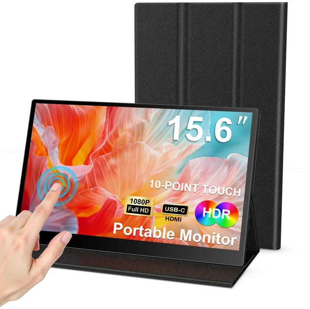 Main image of 15.6" Portable Monitor for Laptop, FHD 1080P,10-Point Touchscreen USB-C & Mini HDMI for Work, Travel, Gaming, Dual Speakers, Stand Cove, Tempered Glass