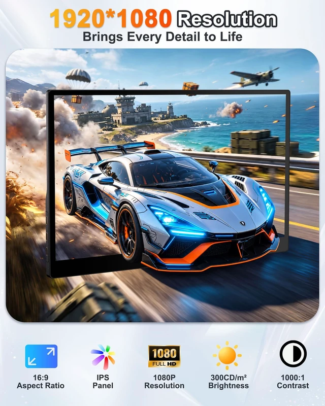 Alt view image 2 of 7 - 15.6" Portable Monitor for Laptop, FHD 1080P,10-Point Touchscreen USB-C & Mini HDMI for Work, Travel, Gaming, Dual Speakers, Stand Cove, Tempered Glass