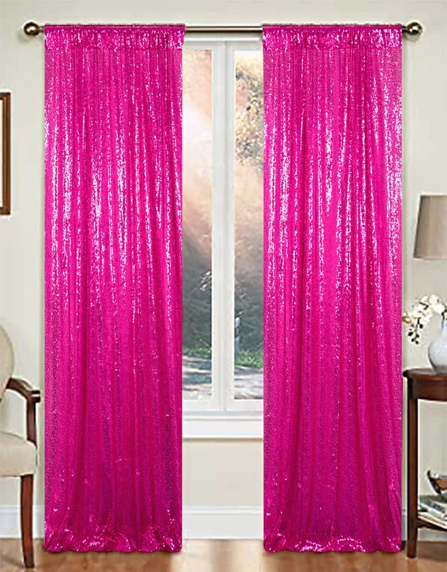 Alt view image 2 of 7 - Curtains 2 Panels Hot Pink 2FTx7FT Glitter Backdrop Curtains Sequin Shower Curtains 84 inch Long Fuchsia Sequin Photography Backdrop for Weddings Photo Booth Hanging