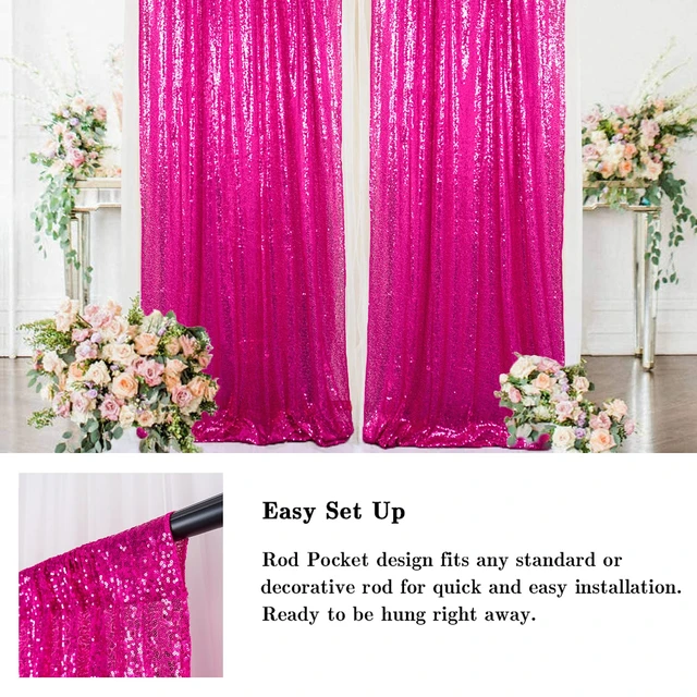 Alt view image 5 of 7 - Curtains 2 Panels Hot Pink 2FTx7FT Glitter Backdrop Curtains Sequin Shower Curtains 84 inch Long Fuchsia Sequin Photography Backdrop for Weddings Photo Booth Hanging