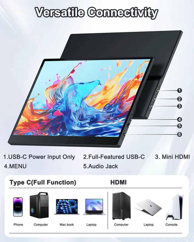 Alt view image 3 of 7 - 15.6" Portable Monitor for Laptop, FHD 1080P,10-Point Touchscreen USB-C & Mini HDMI for Work, Travel, Gaming, Dual Speakers, Stand Cove, Tempered Glass