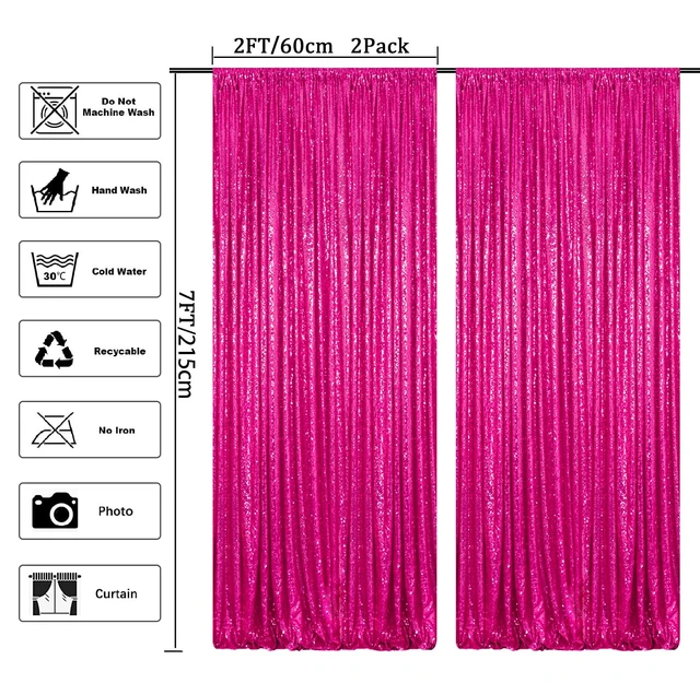 Alt view image 7 of 7 - Curtains 2 Panels Hot Pink 2FTx7FT Glitter Backdrop Curtains Sequin Shower Curtains 84 inch Long Fuchsia Sequin Photography Backdrop for Weddings Photo Booth Hanging