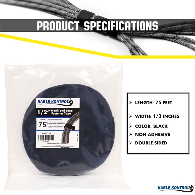 Alt view image 2 of 7 - Hook and Loop Tape Roll 1/2 Wide x 75 Ft Long Double Sided Heavy Duty Non-Adhesive Non-Sticky Nylon Reusable Fastener Strip Adjustable Strap Wire Organizer Cable Wrap Black