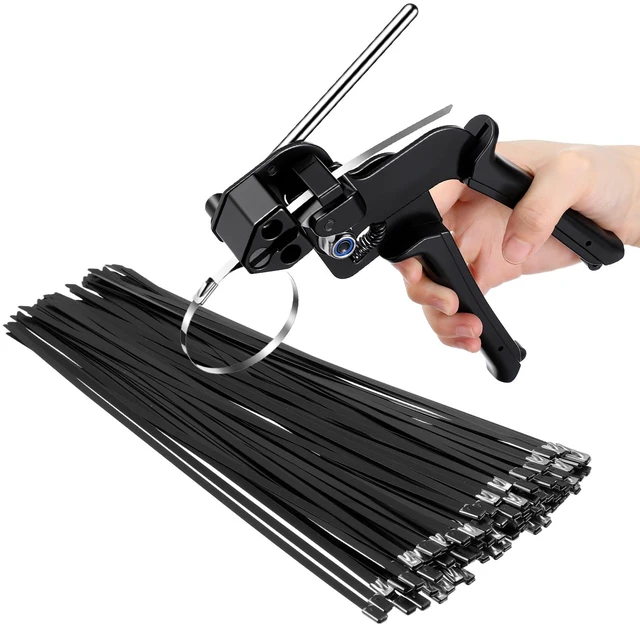 Main image of Professional Metal Zip Tie Tool Kit with 150 Stainless Steel Zip Ties - 11.8 Inch Heavy-Duty Metal Cable Ties & Fastening/Cutting Cable Tie Plier for Fence, Pipe, Exhaust, Vehicle & Outdoor Use
