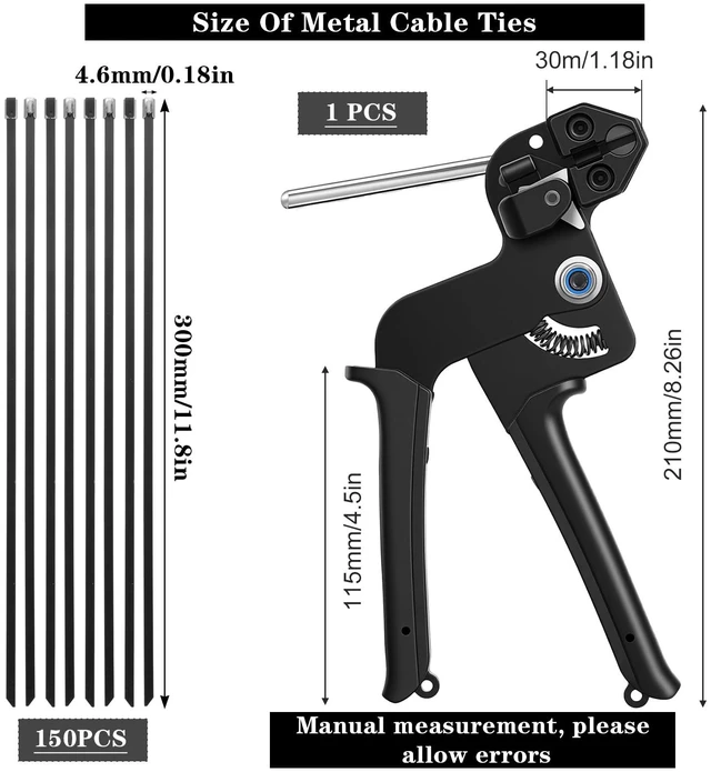 Alt view image 2 of 7 - Professional Metal Zip Tie Tool Kit with 150 Stainless Steel Zip Ties - 11.8 Inch Heavy-Duty Metal Cable Ties & Fastening/Cutting Cable Tie Plier for Fence, Pipe, Exhaust, Vehicle & Outdoor Use