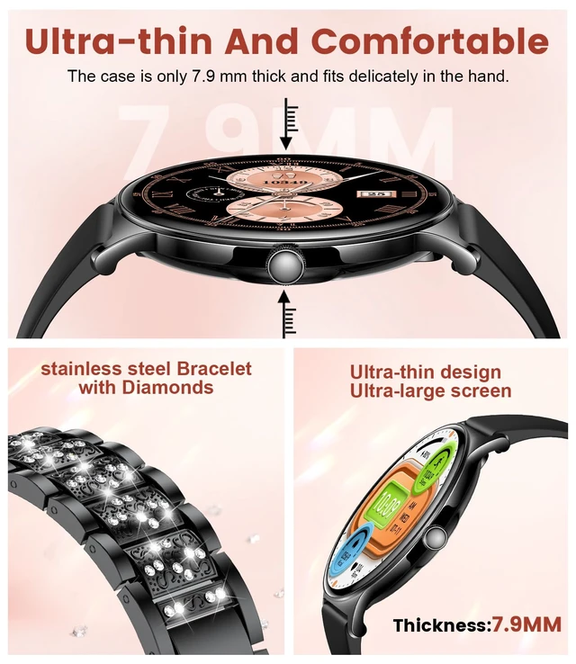 Alt view image 2 of 7 - Ultra-Thin Smart Watch for Women,1.43" Always-on Display Smart Watch with Bluetooth Call,Health Tracker 100+ Sports Modes, Mutifuction Women Smartwatch for Android iOS 2 Straps(Black)
