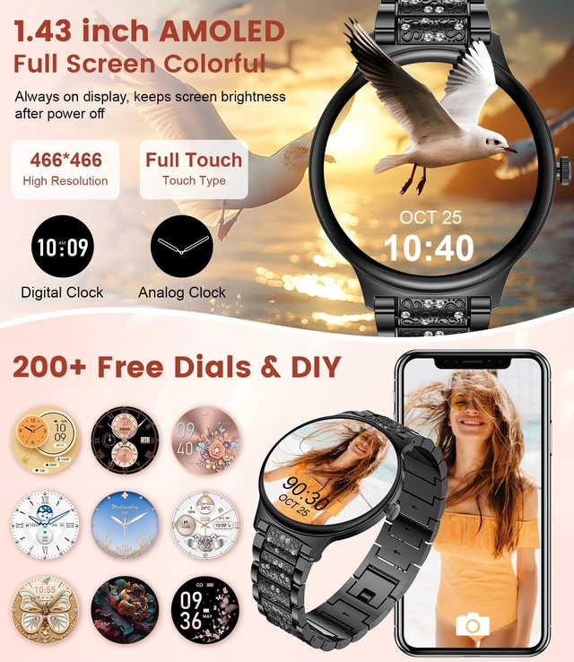 Alt view image 3 of 7 - Ultra-Thin Smart Watch for Women,1.43" Always-on Display Smart Watch with Bluetooth Call,Health Tracker 100+ Sports Modes, Mutifuction Women Smartwatch for Android iOS 2 Straps(Black)