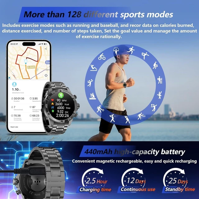Alt view image 3 of 7 - Men's Smart Watch Round HD 1.53" Gold Blue Smart Watches for Men, Multiple Sports Modes, Bluetooth Voice Call. Available for iOS and Android (Black)