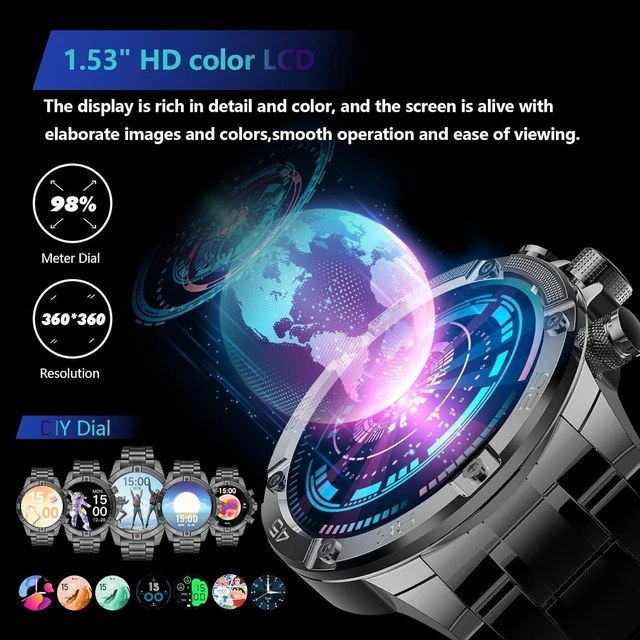 Alt view image 4 of 7 - Men's Smart Watch Round HD 1.53" Gold Blue Smart Watches for Men, Multiple Sports Modes, Bluetooth Voice Call. Available for iOS and Android (Black)