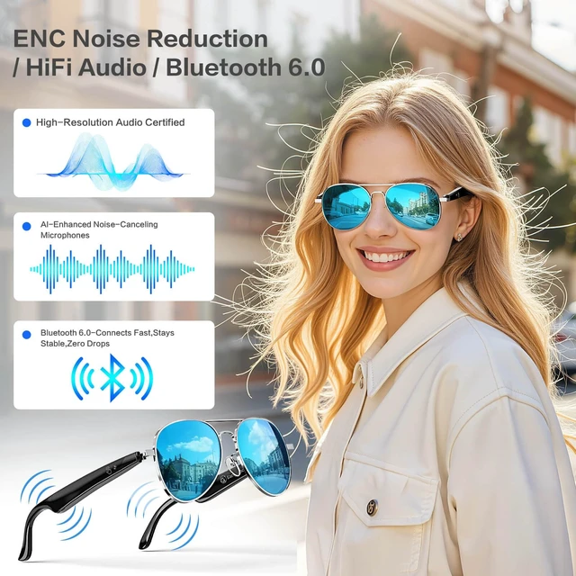 Alt view image 4 of 7 - Smart Glasses with 165-Language Real-Time AI Translation, Bluetooth 6.0 Audio, TAC Polarized Ice Blue Lens, UV400 Protection, Built-in Mic & Speaker, Open-Ear Headphones for Men & Women