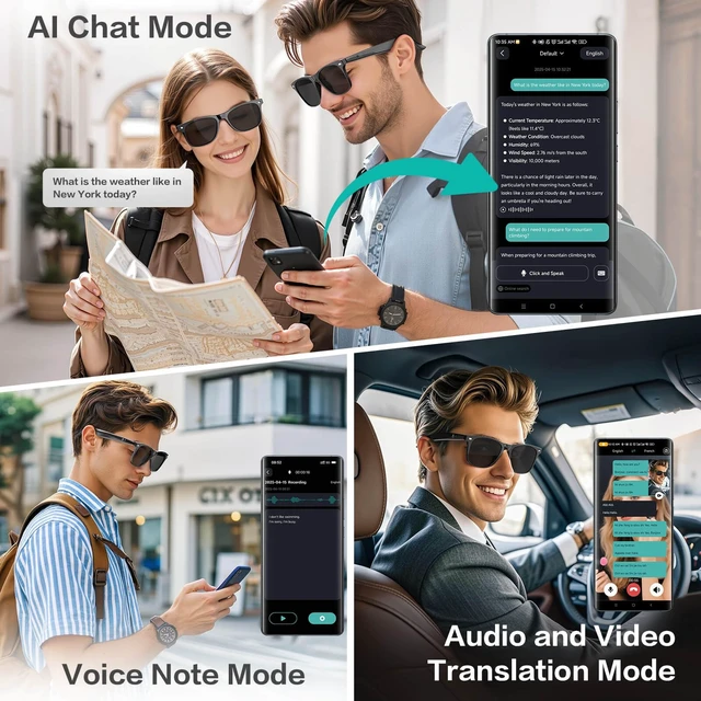 Alt view image 2 of 7 - Smart Glasses with 165 Languages Real-Time AI Translation, Bluetooth 6.0 Audio Sunglasses for Men Women, TAC Polarized Dark Black Lens UV400, Classic Wayfarer Open Ear Headphone Eyewear with Mic