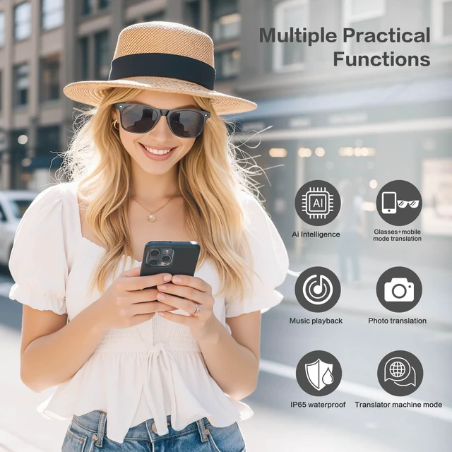 Alt view image 3 of 7 - Smart Glasses with 165 Languages Real-Time AI Translation, Bluetooth 6.0 Audio Sunglasses for Men Women, TAC Polarized Dark Black Lens UV400, Classic Wayfarer Open Ear Headphone Eyewear with Mic