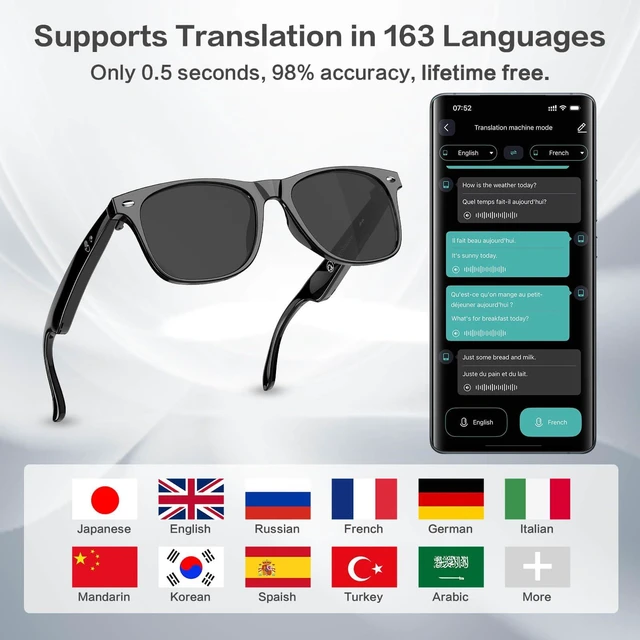 Alt view image 5 of 7 - Smart Glasses with 165 Languages Real-Time AI Translation, Bluetooth 6.0 Audio Sunglasses for Men Women, TAC Polarized Dark Black Lens UV400, Classic Wayfarer Open Ear Headphone Eyewear with Mic