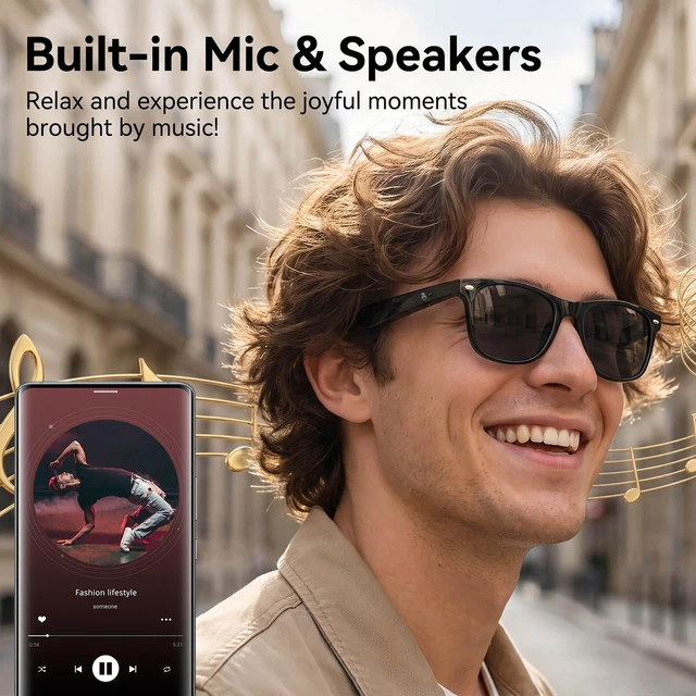 Alt view image 6 of 7 - Smart Glasses with 165 Languages Real-Time AI Translation, Bluetooth 6.0 Audio Sunglasses for Men Women, TAC Polarized Dark Black Lens UV400, Classic Wayfarer Open Ear Headphone Eyewear with Mic