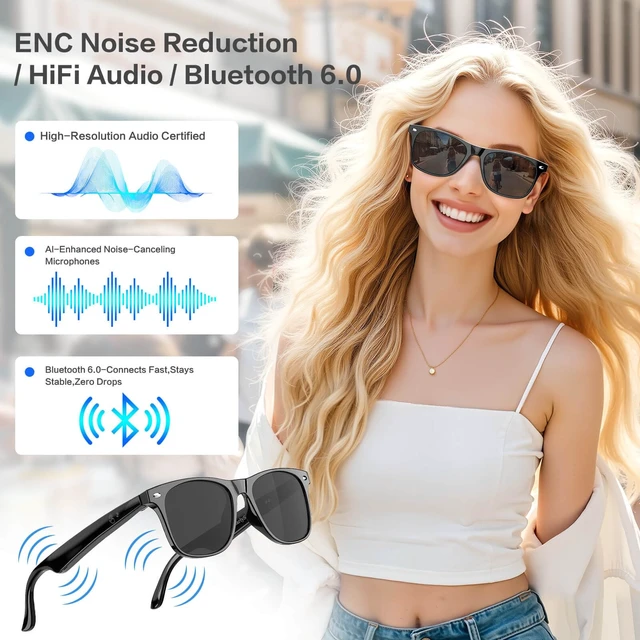 Alt view image 7 of 7 - Smart Glasses with 165 Languages Real-Time AI Translation, Bluetooth 6.0 Audio Sunglasses for Men Women, TAC Polarized Dark Black Lens UV400, Classic Wayfarer Open Ear Headphone Eyewear with Mic