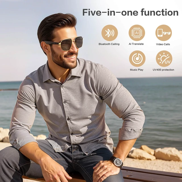 Alt view image 2 of 7 - Smart Glasses with 165 Languages Real-Time AI Translation, Bluetooth 6.0 Audio Sunglasses for Men Women, Gold Frame TAC Polarized Black Lens UV400, Open Ear Headphone Glasses with Mic