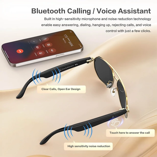 Alt view image 3 of 7 - Smart Glasses with 165 Languages Real-Time AI Translation, Bluetooth 6.0 Audio Sunglasses for Men Women, Gold Frame TAC Polarized Black Lens UV400, Open Ear Headphone Glasses with Mic