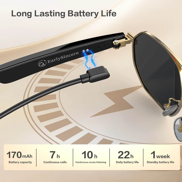 Alt view image 5 of 7 - Smart Glasses with 165 Languages Real-Time AI Translation, Bluetooth 6.0 Audio Sunglasses for Men Women, Gold Frame TAC Polarized Black Lens UV400, Open Ear Headphone Glasses with Mic