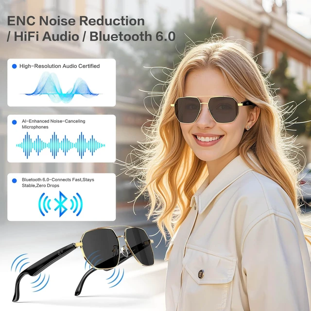 Alt view image 7 of 7 - Smart Glasses with 165 Languages Real-Time AI Translation, Bluetooth 6.0 Audio Sunglasses for Men Women, Gold Frame TAC Polarized Black Lens UV400, Open Ear Headphone Glasses with Mic