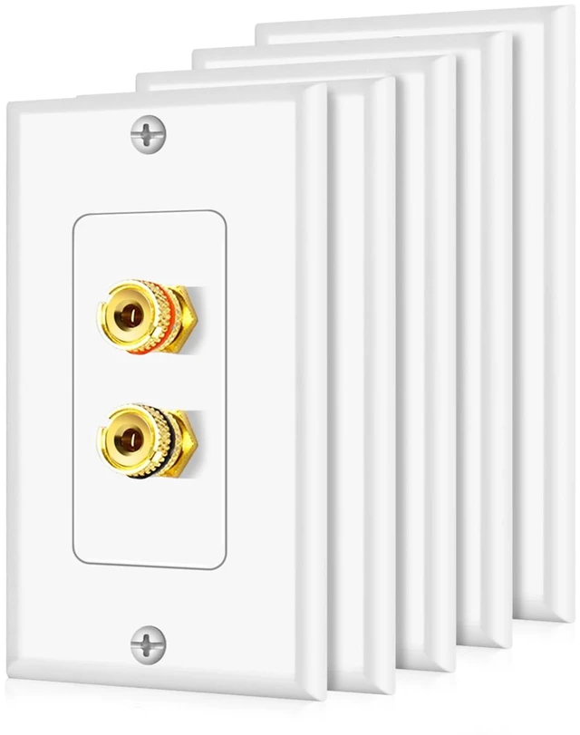Main image of Home Theater Wall Plate - Banana Plug Wall Plate, 1 Speaker Wire Wall Plate with Gold-Plated Terminals, Single Gang Audio Wall Plate, in-Wall Surround Sound Connection Plates, White, 5 Pack