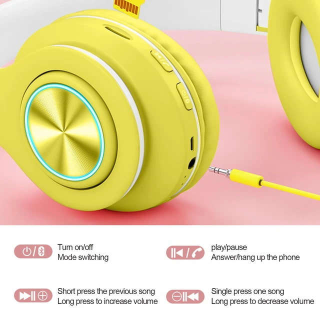 Alt view image 2 of 6 - Bluetooth Over Ear Headphones with Colorful LED Lights,Hi-Fi Stereo Foldable Headphones with Microphone, Wired & Wireless for Classroom/Home Office/PC/Mobile (Yellow)