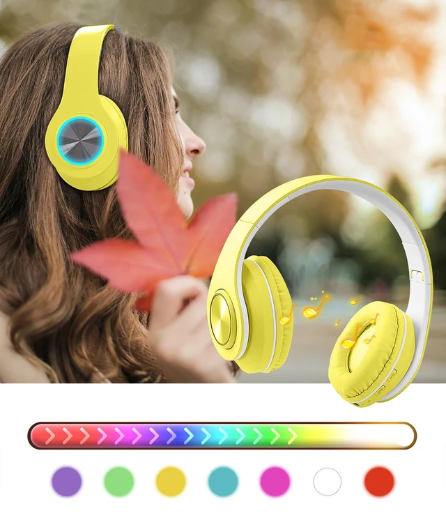 Alt view image 3 of 6 - Bluetooth Over Ear Headphones with Colorful LED Lights,Hi-Fi Stereo Foldable Headphones with Microphone, Wired & Wireless for Classroom/Home Office/PC/Mobile (Yellow)