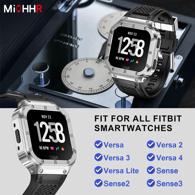 Alt view image 2 of 6 - Silicone Bands with Metal Case for Fitbit Versa 4/3/2/Lite, Sense/Sense 2 Soft Silicone Bands with Metal Case, Rugged Sports Protector Cover Replacement Wristbands for Men Women, Silver