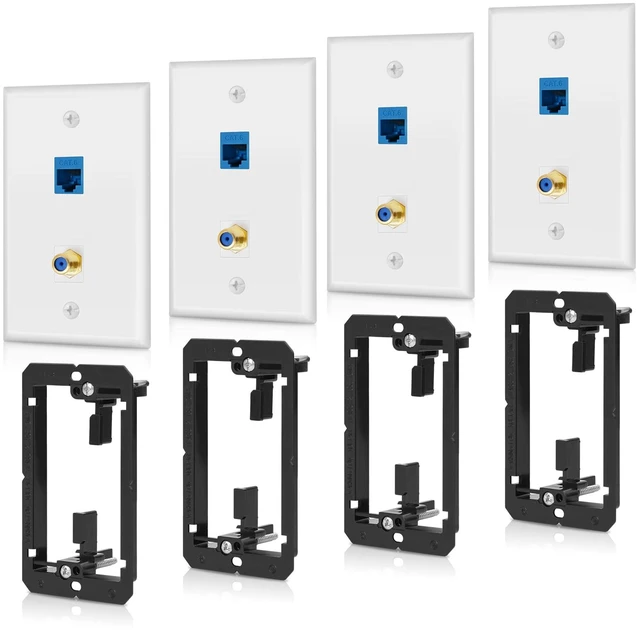 Main image of 4 Pack Ethernet Coax Ethernet Wall Plate with Low Voltage Mounting Bracket F Type Keystone Jack, Cat6 RJ45 Female to Female, Cable Pass Through In-Wall Management Network TV Wire Connector Plates