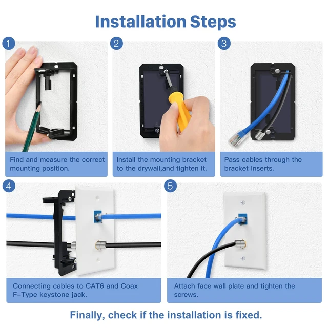 Alt view image 4 of 6 - 4 Pack Ethernet Coax Ethernet Wall Plate with Low Voltage Mounting Bracket F Type Keystone Jack, Cat6 RJ45 Female to Female, Cable Pass Through In-Wall Management Network TV Wire Connector Plates