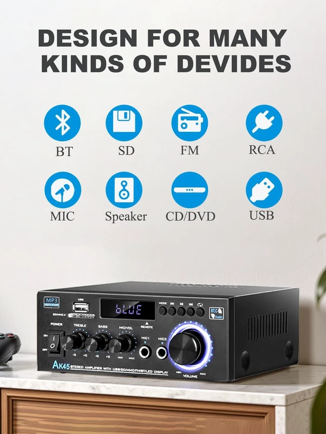 Alt view image 2 of 7 - AK45 Bluetooth 5.0 Home Audio Amplifier, 400W 2 Channel Stereo Receiver Power Amplifier System with Remote Control, MIC,USB,RCA,FM Radio,Suitable for Home Theater Passive Speakers