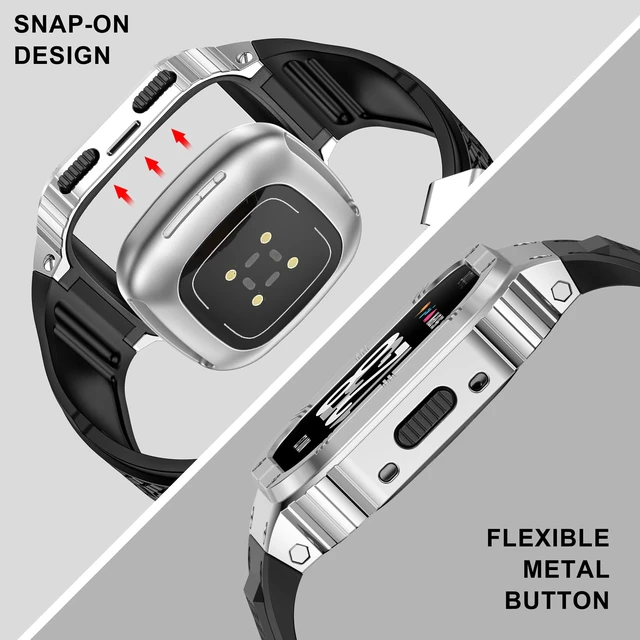 Alt view image 3 of 6 - Silicone Bands with Metal Case for Fitbit Versa 4/3/2/Lite, Sense/Sense 2 Soft Silicone Bands with Metal Case, Rugged Sports Protector Cover Replacement Wristbands for Men Women, Silver