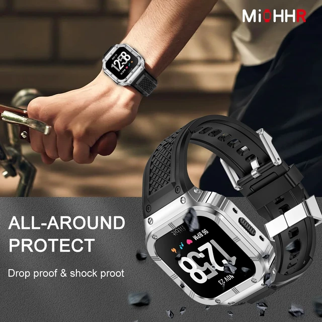 Alt view image 5 of 6 - Silicone Bands with Metal Case for Fitbit Versa 4/3/2/Lite, Sense/Sense 2 Soft Silicone Bands with Metal Case, Rugged Sports Protector Cover Replacement Wristbands for Men Women, Silver