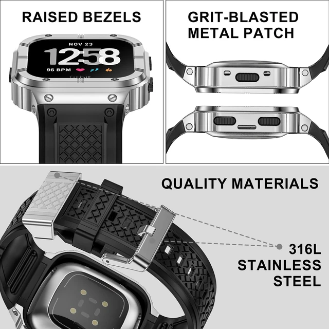 Alt view image 4 of 6 - Silicone Bands with Metal Case for Fitbit Versa 4/3/2/Lite, Sense/Sense 2 Soft Silicone Bands with Metal Case, Rugged Sports Protector Cover Replacement Wristbands for Men Women, Silver