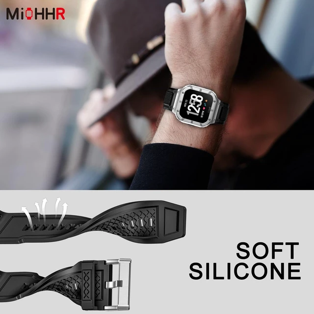 Alt view image 6 of 6 - Silicone Bands with Metal Case for Fitbit Versa 4/3/2/Lite, Sense/Sense 2 Soft Silicone Bands with Metal Case, Rugged Sports Protector Cover Replacement Wristbands for Men Women, Silver