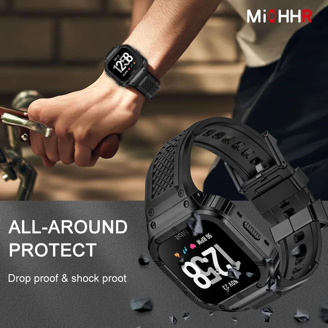 Alt view image 3 of 6 - Silicone Bands with Metal Case for Fitbit Versa 4/3/2/Lite, Sense/Sense 2 Soft Silicone Bands with Metal Case, Rugged Sports Protector Cover Replacement Wristbands for Men Women, Black