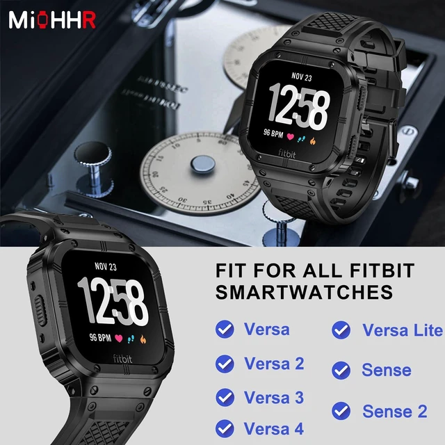 Alt view image 2 of 6 - Silicone Bands with Metal Case for Fitbit Versa 4/3/2/Lite, Sense/Sense 2 Soft Silicone Bands with Metal Case, Rugged Sports Protector Cover Replacement Wristbands for Men Women, Black
