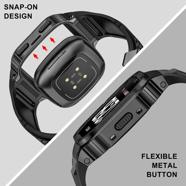 Alt view image 4 of 6 - Silicone Bands with Metal Case for Fitbit Versa 4/3/2/Lite, Sense/Sense 2 Soft Silicone Bands with Metal Case, Rugged Sports Protector Cover Replacement Wristbands for Men Women, Black