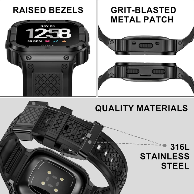 Alt view image 5 of 6 - Silicone Bands with Metal Case for Fitbit Versa 4/3/2/Lite, Sense/Sense 2 Soft Silicone Bands with Metal Case, Rugged Sports Protector Cover Replacement Wristbands for Men Women, Black