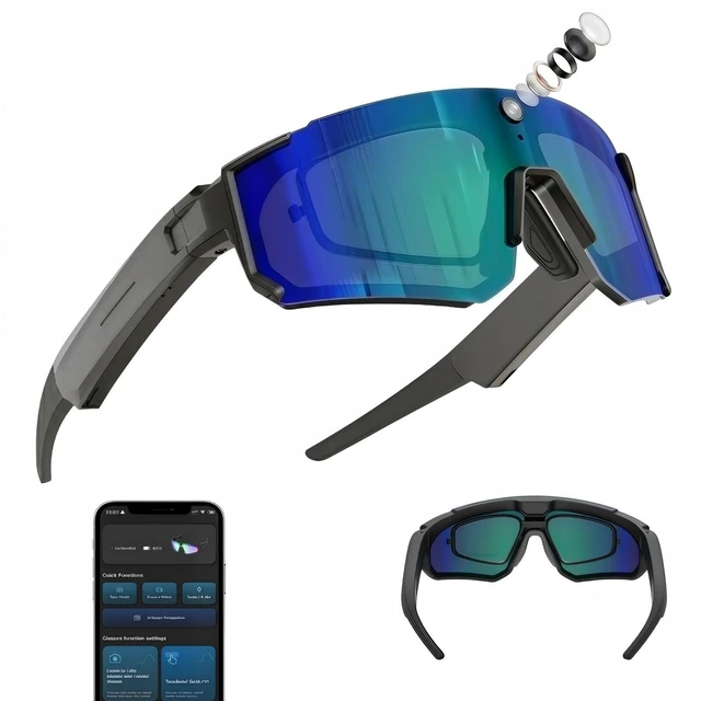 Main image of AI Smart Glasses with Camera, Bluetooth Sunglasses for Sports-Blue 8MP HD, AI Image Enhancement, Built-In Storage, WiFi Transfer, Stabilization for Cycling, Travel & Daily Adventures