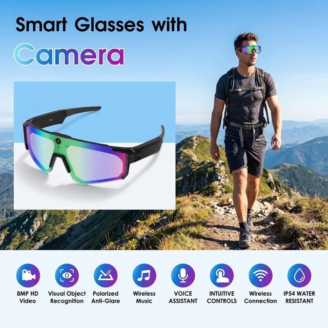Alt view image 3 of 7 - AI Smart Glasses with Camera, Bluetooth Sunglasses for Sports-Blue 8MP HD, AI Image Enhancement, Built-In Storage, WiFi Transfer, Stabilization for Cycling, Travel & Daily Adventures