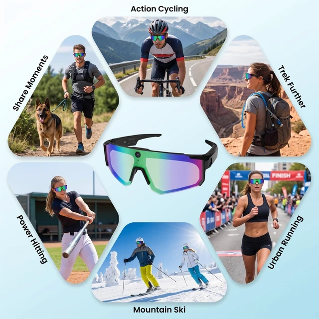 Alt view image 5 of 7 - AI Smart Glasses with Camera, Bluetooth Sunglasses for Sports-Blue 8MP HD, AI Image Enhancement, Built-In Storage, WiFi Transfer, Stabilization for Cycling, Travel & Daily Adventures